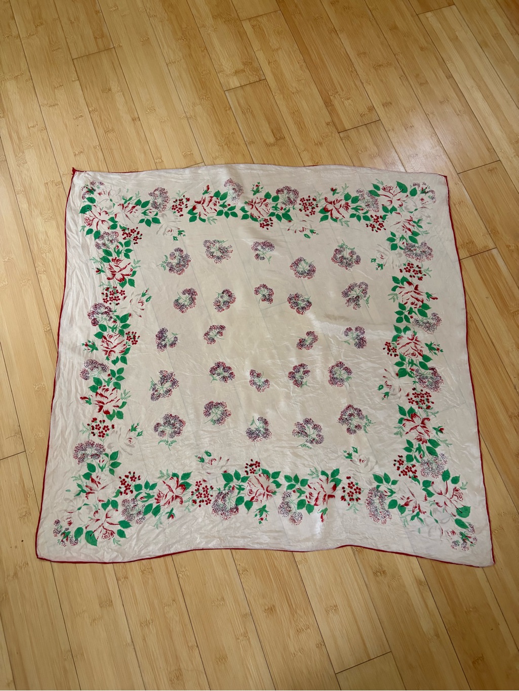 Vintage Silk Floral Square Scarf With Green And Red Accents